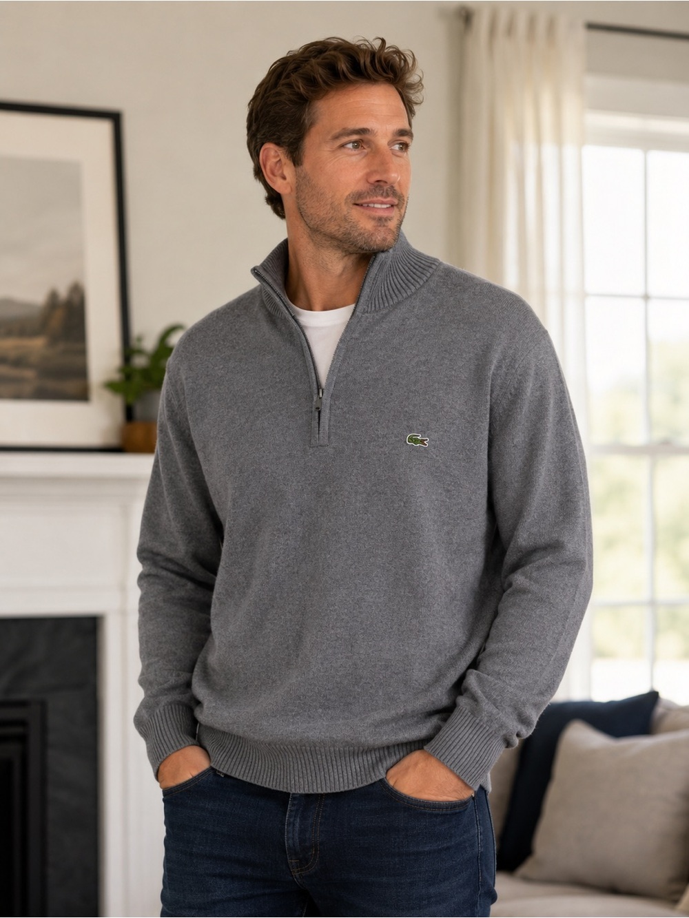 Lacoste Men’s Charcoal Gray Quarter-Zip Sweater.  Size 6